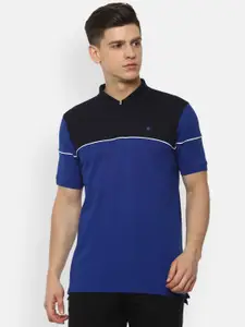 Louis Philippe Men Blue Solid Mandarin Collar T-shirt