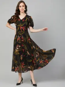 RARE Women Black & Olive Green Printed Midi A-Line Dress