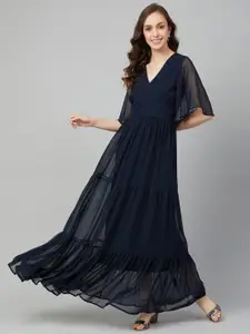 RARE Women Navy Blue Solid Tiered Maxi Dress with Sheer Sleeves