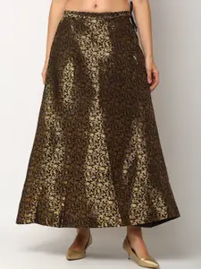 Miaz Lifestyle Women Black & Gold-Coloured Printed Maxi Flared Skirt
