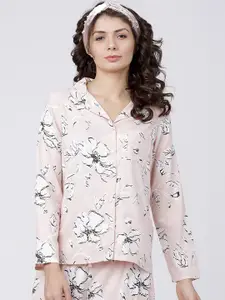 Tokyo Talkies Women Peach-Coloured & White Floral Printed Lounge Shirt