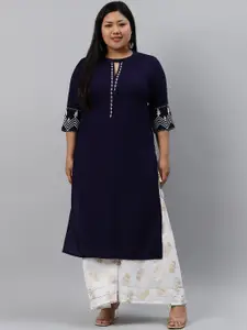 EXTRA LOVE BY LIBAS Women Plus Size Navy Blue Rayon Embroidered Straight Kurta