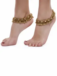 Shining Diva Set Of 2 Gold-Plated White Kundan-Studded Anklets
