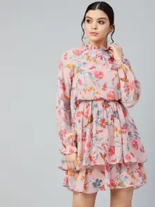 Athena Women Pink & Blue Printed A-Line Dress