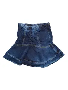 KiddoPanti Girls Blue Solid Denim Flared Midi Skirt