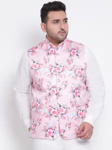 Hangup Men Pink & White Printed Woven Nehru Jacket