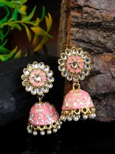 Crunchy Fashion Pinlk & Off-White Gold-Plated Studded & Beaded Enamelled Jhumkas