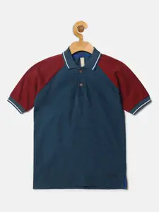 Instafab Boys Teal Blue Solid Cotton Polo Collar T-shirt