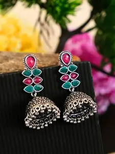 Crunchy Fashion Oxidised Pink & Green Silver-Plated Handcrafted Dome Shaped Jhumkas
