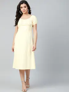 Athena Women Yellow Solid Cotton A-Line Dress with Gathers