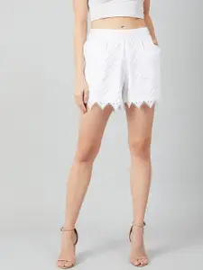 Athena Women White Solid Regular Fit Chevron Lace Shorts