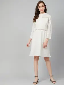 Marie Claire Women White Embroidered Lace-Inserts A-Line Dress