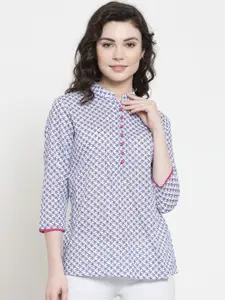 Purple State White & Blue Star Print Mandarin Collar Regular Top