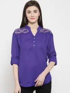 Purple State Blue Mandarin Collar Roll-Up Sleeves Lace-Up Inserts Shirt Style Top