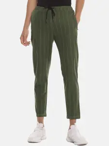 Campus Sutra Men Olive Green & White Striped Straight-Fit Cotton Track Pants