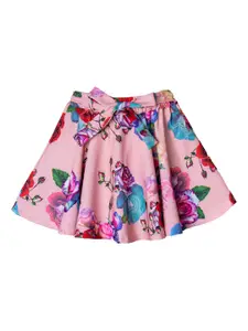 Hunny Bunny Girls Pink & Blue Floral Printed Flared Knee-Length Skirt
