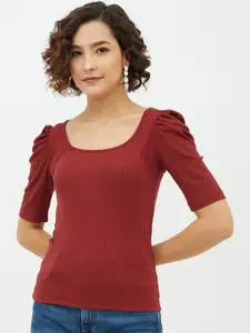 Harpa Maroon Puff Sleeves Fitted Top