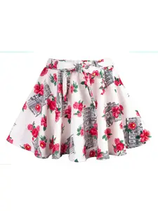 Hunny Bunny Girls White & Pink Floral Printed Flared Knee-Length Skirt
