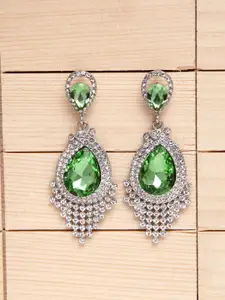 Shining Diva Fashion Green  Silver-Toned Teardrop Shaped Drop Earrings