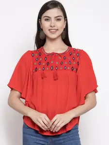 Purple State Orange & Navy Blue Geometric Embroidered Tie-Up Neck Flared Sleeves Top