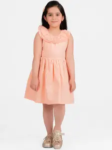 KIDKLO Girls Peach-Coloured Solid Fit and Flare Dress