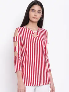RIVI Red & White Striped Keyhole Neck Cut Out Sleeves Regular Top
