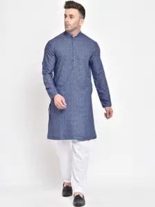 Hangup Men Blue Geometric Printed Indigo Kurta