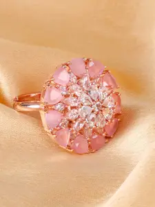 Saraf RS Jewellery Rose Gold-Plated Pink & White AD & CZ-Studded Handcrafted Adjustable Finger Ring