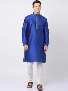 TABARD Men Blue Woven Design Straight Kurta with Churidar