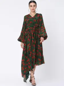 Masaba Women Olive Green & Orange Spark in the Dark Floral Print A-Line Dress