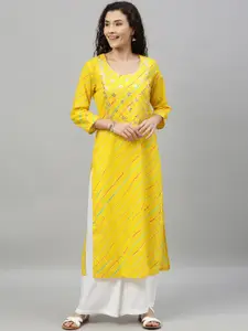 Ishin Women Yellow & White Leheriya Print Cotton Sequinned Straight Kurta