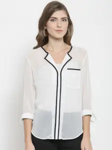 Purple State White Solid Roll-Up Sleeves Regular Top