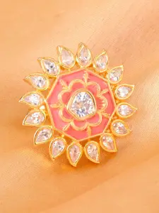 Saraf RS Jewellery Gold-Plated Pink & White AD-Studded Handcrafted Adjustable Finger Ring