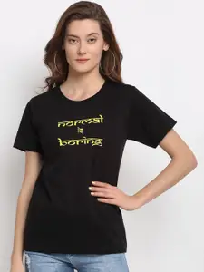 YOLOCLAN Women Black Printed Round Neck T-shirt