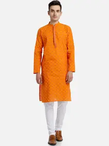 PAROKSH Men Orange Woven Design Cotton Thread Work Handloom Kurta