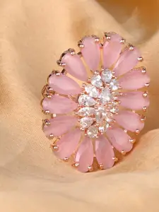 Saraf RS Jewellery Rose Gold-Plated Pink & White AD & Quartz-Studded Handcrafted Adjustable Finger Ring
