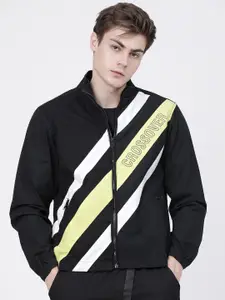 LOCOMOTIVE Men Black & Lime Green Striped Tailored Cotton Jacket