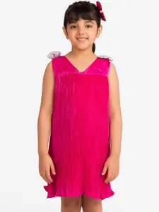 KIDKLO Girls Pink Solid A-Line Dress with Shoulder Bows
