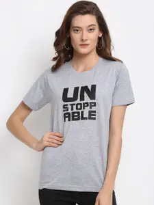 YOLOCLAN Women Grey Printed V-Neck T-shirt