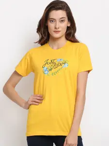 YOLOCLAN Women Yellow Printed Round Neck T-shirt