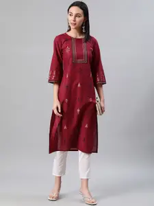 ZIYAA Women Red & Golden Ethnic Motifs Foil Print Flared Sleeves Kurta