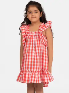 KIDKLO Girls Red Checked Oversized Ruffle Sleeves A-Line Dress
