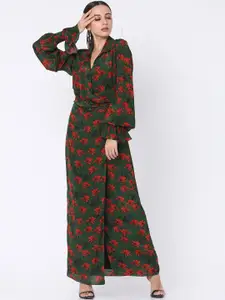 Masaba Women Olive Green & Orange Floral Print Wrap Dress