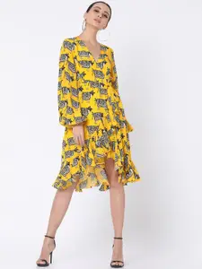 Masaba Women Mustard Yellow & Black Cow Print Ruffle Wrap Dress
