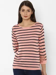 Allen Solly Woman Peach-Coloured & Black Striped Round Neck T-shirt