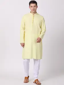 TABARD Men Yellow & White Self Design Straight Cotton Kurta with Churidar