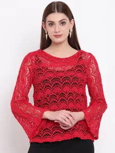 RIVI Red Self Design Sheer Flared Sleeves Pure Cotton LaceTop