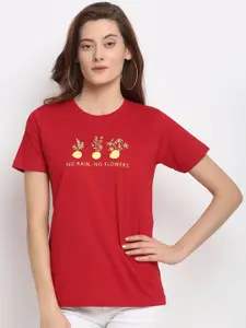YOLOCLAN Women Red Printed Round Neck T-shirt
