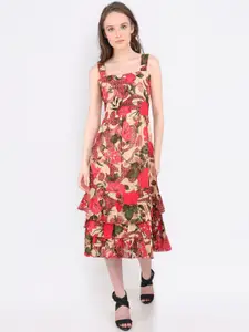 MARC LOUIS Women Red & Green Floral Print Ruffle Pure Cotton A-Line Dress
