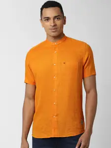 Peter England Men Orange Pure Linen Solid Casual Shirt
